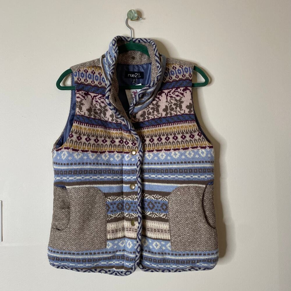 Y2K RUE 21 Fair Isle 100% Wool Knit Zip Snap Closure Vest XL - Picture 7 of 7